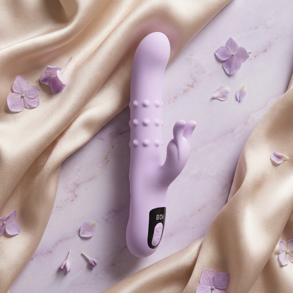 Textura lavender rabbit vibrator with moving massage bumps and clitoral stimulator, displayed on luxurious champagne satin.