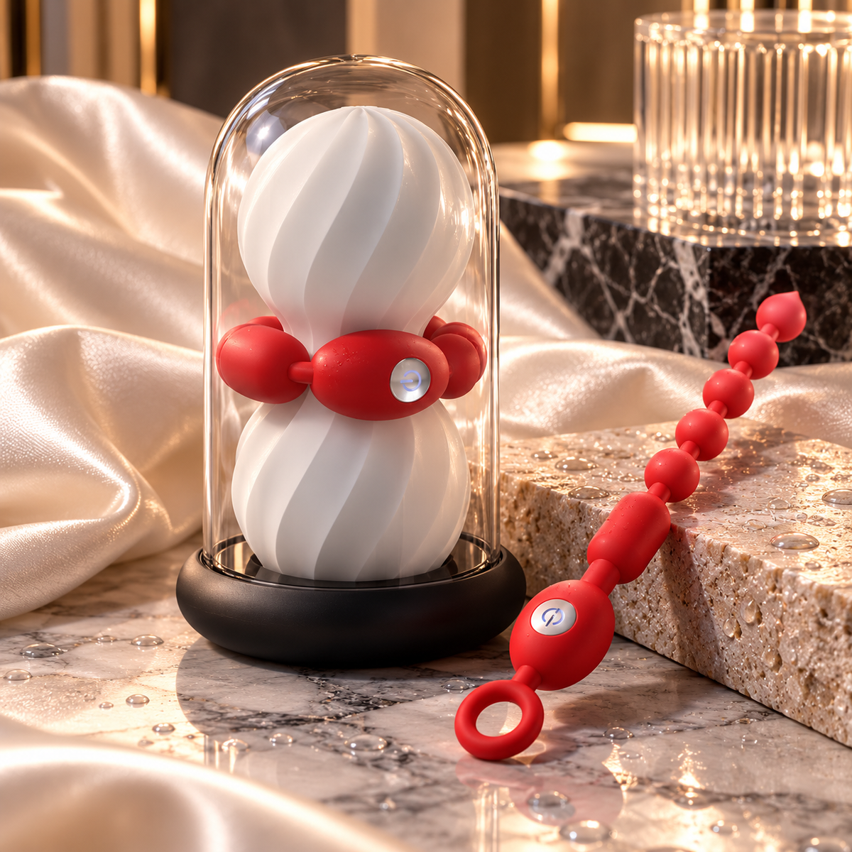 Nexa men's textured stroker and red rechargeable vibrating bead accessory on marble and champagne satin