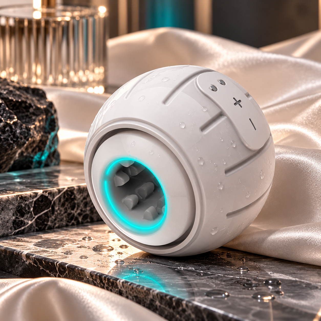Orbis waterproof rechargeable men's massager on dark marble with champagne satin and turquoise illuminated opening