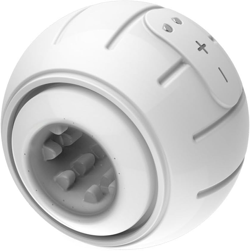 Orbis rechargeable men's massager showing white cylindrical body and textured interior