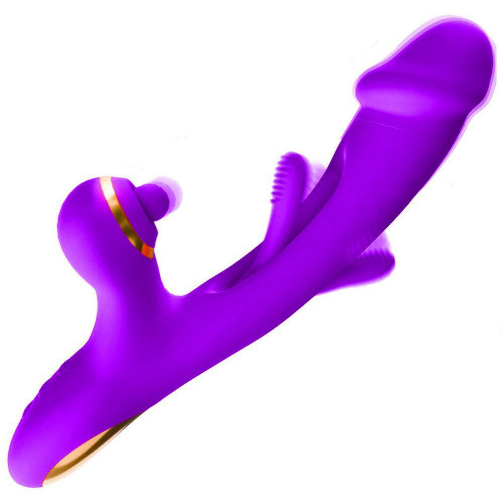 Percussa purple triple-action rabbit vibrator with gold accents, tapping head and textured stimulators
