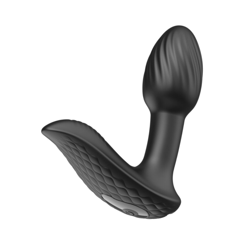 Rear view of Vesper black dual-stimulation vibrator showing textured curved arm and controls