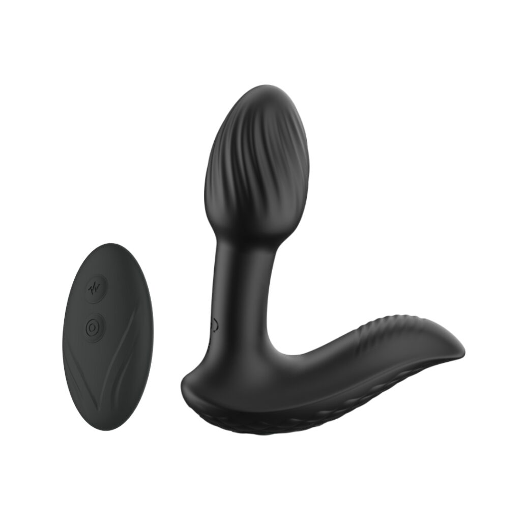 Vesper black dual-stimulation vibrator with textured tip, curved arm and wireless remote